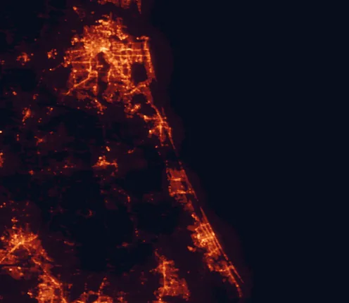 Satellite night-light map of the 100 km around Fort Matanzas National Monument, with Jacksonville, Palm Coast and Daytona Beach marked