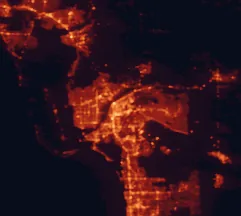 Satellite night-light map of the 50 km around Fort Myers, with Cape Coral, Lehigh Acres and North Fort Myers marked