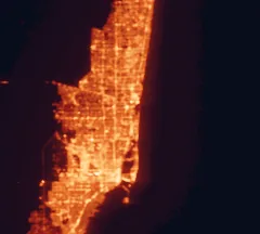 Satellite night-light map of the 50 km around Hollywood, with Miami, Pembroke Pines and Fort Lauderdale marked