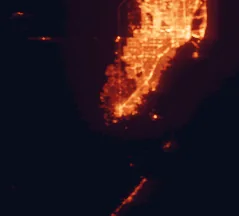 Satellite night-light map of the 50 km around Homestead, with Miami, Hialeah and Kendall marked