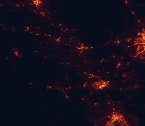Satellite night-light map of the 100 km around Ichetucknee Springs State Park, with Gainesville, Ocala and Lake City marked