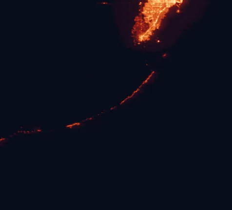 Satellite night-light map of the 100 km around Indian Key State Historic Site, with Homestead, Kendall and Kendale Lakes marked