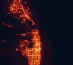 Satellite night-light map of the 50 km around Jupiter, with West Palm Beach, Port Saint Lucie and Palm Beach Gardens marked