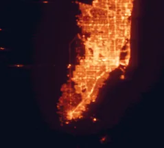 Satellite night-light map of the 50 km around Kendale Lakes, with Miami, Hialeah and Kendall marked