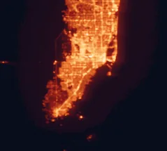 Satellite night-light map of the 50 km around Kendall, with Miami, Hialeah and Pembroke Pines marked