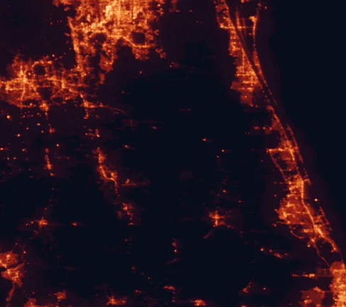 Satellite night-light map of the 100 km around Kissimmee Prairie Preserve State Park, with Port Saint Lucie, Palm Bay and Melbourne marked