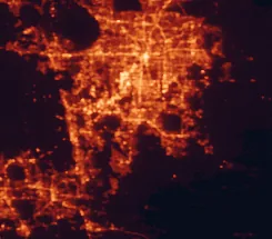 Satellite night-light map of the 50 km around Kissimmee, with Orlando, Poinciana and Alafaya marked
