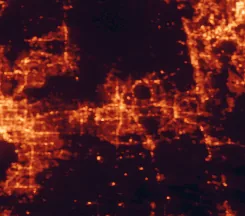 Satellite night-light map of the 50 km around Lakeland, with Brandon, Plant City and Riverview marked