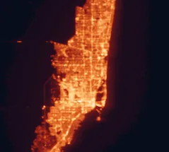 Satellite night-light map of the 50 km around Miami Gardens, with Miami, Hialeah and Pembroke Pines marked