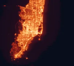 Satellite night-light map of the 50 km around Miami, with Hialeah, Miami Beach and Pembroke Pines marked