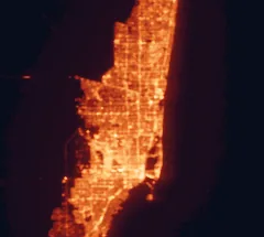 Satellite night-light map of the 50 km around Miramar, with Miami, Hialeah and Hollywood marked