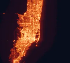 Satellite night-light map of the 50 km around North Miami, with Miami, Hialeah and Pembroke Pines marked