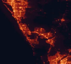 Satellite night-light map of the 50 km around North Port, with Port Charlotte, Fort Myers and Sarasota marked