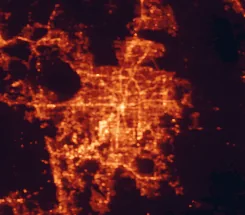 Satellite night-light map of the 50 km around Orlando, with Pine Hills, Alafaya and Kissimmee marked