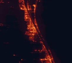 Satellite night-light map of the 50 km around Palm Bay, with Melbourne, West Melbourne and Merritt Island marked