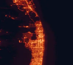 Satellite night-light map of the 50 km around Palm Beach Gardens, with West Palm Beach, Jupiter and Wellington marked