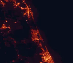 Satellite night-light map of the 50 km around Palm Coast, with Daytona Beach, Ormond Beach and Saint Augustine marked