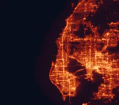 Satellite night-light map of the 50 km around Palm Harbor, with Tampa, St. Petersburg and Clearwater marked