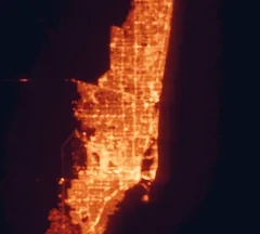 Satellite night-light map of the 50 km around Pembroke Pines, with Miami, Hialeah and Hollywood marked
