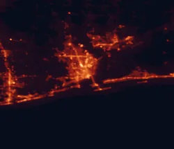 Satellite night-light map of the 50 km around Pensacola, with Ferry Pass, Brent and West Pensacola marked