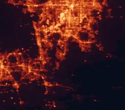 Satellite night-light map of the 50 km around Poinciana, with Orlando, Kissimmee and Alafaya marked