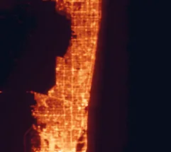 Satellite night-light map of the 50 km around Pompano Beach, with Fort Lauderdale, Coral Springs and Pembroke Pines marked