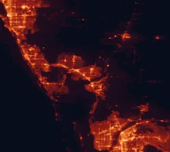 Satellite night-light map of the 50 km around Port Charlotte, with Cape Coral, North Port and Fort Myers marked