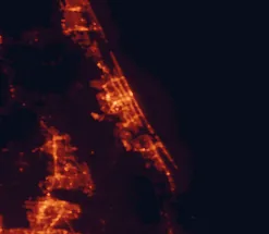 Satellite night-light map of the 50 km around Port Orange, with Daytona Beach, Deltona and Ormond Beach marked