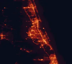 Satellite night-light map of the 50 km around Port Saint Lucie, with Fort Pierce, Jupiter and Palm City marked