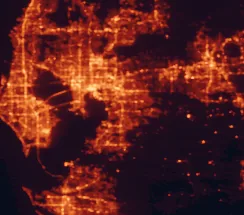 Satellite night-light map of the 50 km around Riverview, with Tampa, St. Petersburg and Brandon marked