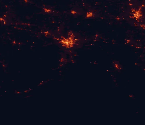 Satellite night-light map of the 100 km around San Marcos de Apalache Historic State Park, with Tallahassee, Valdosta and Thomasville marked