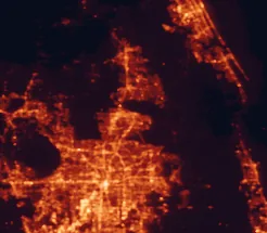 Satellite night-light map of the 50 km around Sanford, with Orlando, Deltona and Alafaya marked