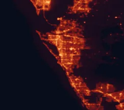 Satellite night-light map of the 50 km around Sarasota, with Bradenton, North Port and Sarasota Springs marked