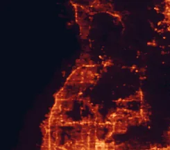 Satellite night-light map of the 50 km around Spring Hill, with Wesley Chapel, Palm Harbor and Land O' Lakes marked