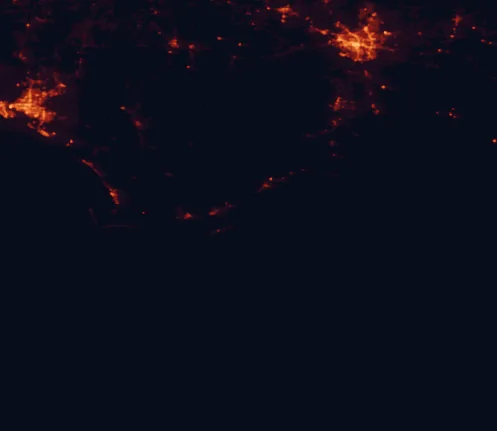 Satellite night-light map of the 100 km around St. George Island State Park, with Tallahassee, Panama City and Lynn Haven marked