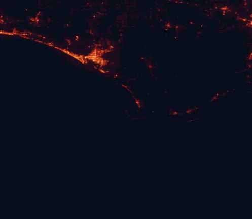 Satellite night-light map of the 100 km around St. Joseph Peninsula State Park, with Panama City, Santa Rosa Beach and Lynn Haven marked
