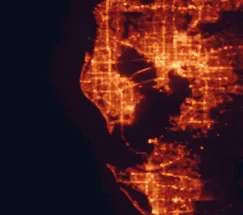 Satellite night-light map of the 50 km around St. Petersburg, with Tampa, Clearwater and Pinellas Park marked