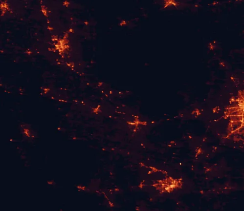 Satellite night-light map of the 100 km around Stephen Foster Folk Culture Center State Park, with Gainesville, Valdosta and Lake City marked