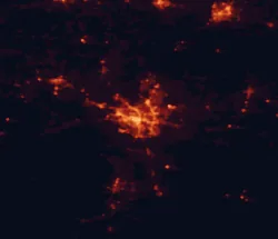 Satellite night-light map of the 50 km around Tallahassee, with Thomasville, Quincy and Midway marked