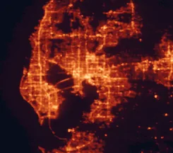 Satellite night-light map of the 50 km around Tampa, with St. Petersburg, Brandon and Town 'n' Country marked