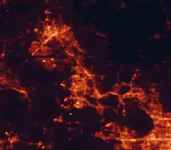 Satellite night-light map of the 50 km around The Villages, with Ocala, Leesburg and Apopka marked