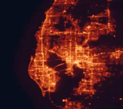 Satellite night-light map of the 50 km around Town 'n' Country, with Tampa, St. Petersburg and Clearwater marked