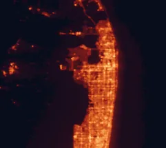 Satellite night-light map of the 50 km around Wellington, with West Palm Beach, Coral Springs and Royal Palm Beach marked