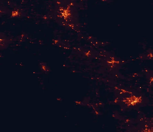 Satellite night-light map of the 100 km around Wes Skiles Peacock Springs State Park, with Gainesville, Valdosta and Lake City marked