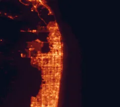 Satellite night-light map of the 50 km around West Palm Beach, with Boynton Beach, Palm Beach Gardens and Wellington marked