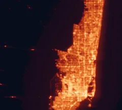 Satellite night-light map of the 50 km around Weston, with Miami, Hialeah and Pembroke Pines marked