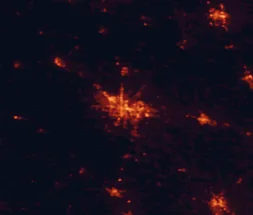 Satellite night-light map of the 50 km around Albany, with Moultrie, Cordele and Sylvester marked
