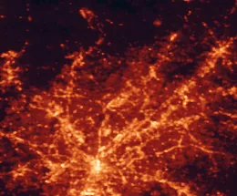 Satellite night-light map of the 50 km around Alpharetta, with Atlanta, Roswell and Johns Creek marked