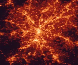 Satellite night-light map of the 50 km around Atlanta, with Sandy Springs, South Fulton and Roswell marked