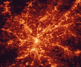 Satellite night-light map of the 50 km around Brookhaven, with Atlanta, Sandy Springs and Roswell marked